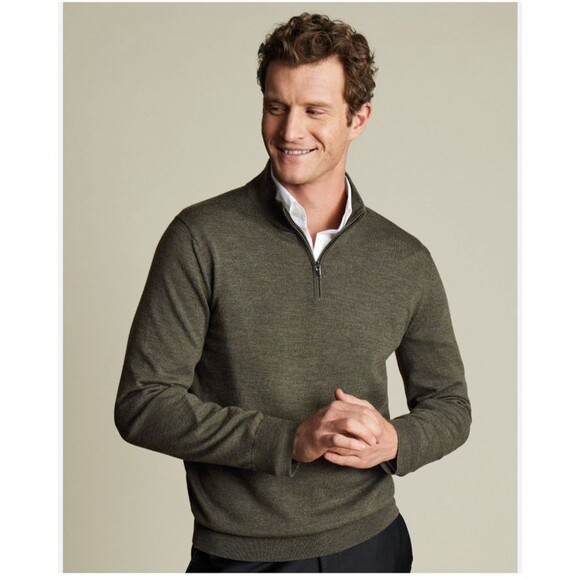 CHARLES TYRWHITT Men's 100% Merino Wool 1/4 Zip Classic Green Sweater Size L - Picture 1 of 9